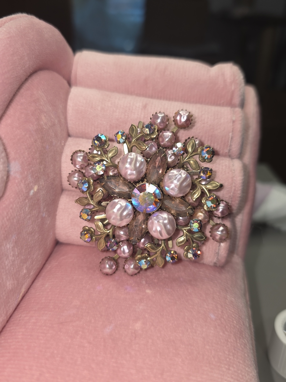 Vintage Pink Faux Pearl AB Rhinestone And Glass Brooch Large.